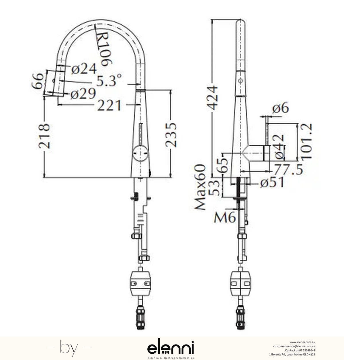 Mica Pull-Out Cone Sink Mixer - Elenni specification drawing