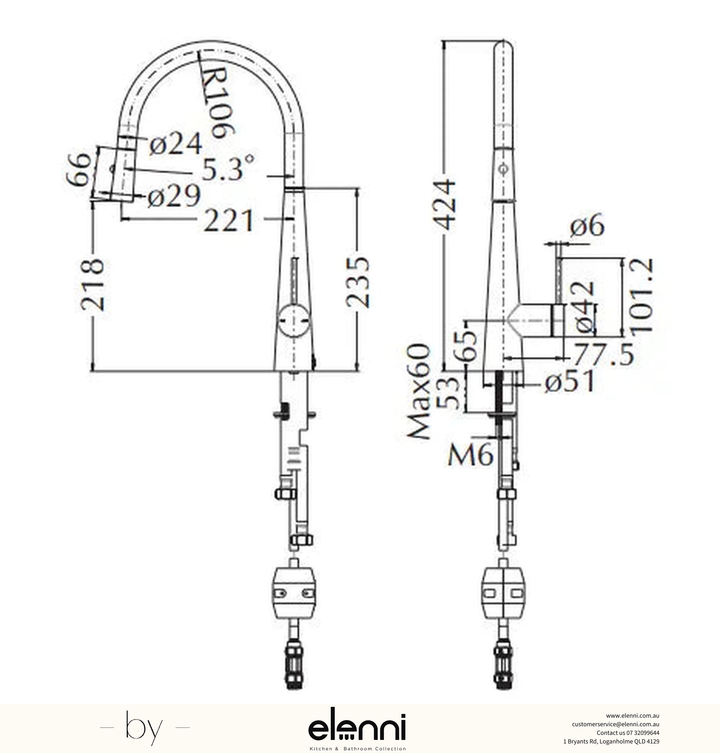 Mica Pull-Out Cone Sink Mixer - Elenni specification drawing