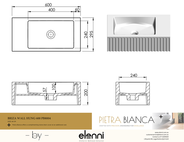 Briza Wall Hung 600mm Wall Hung Basin - Elenni specification drawing