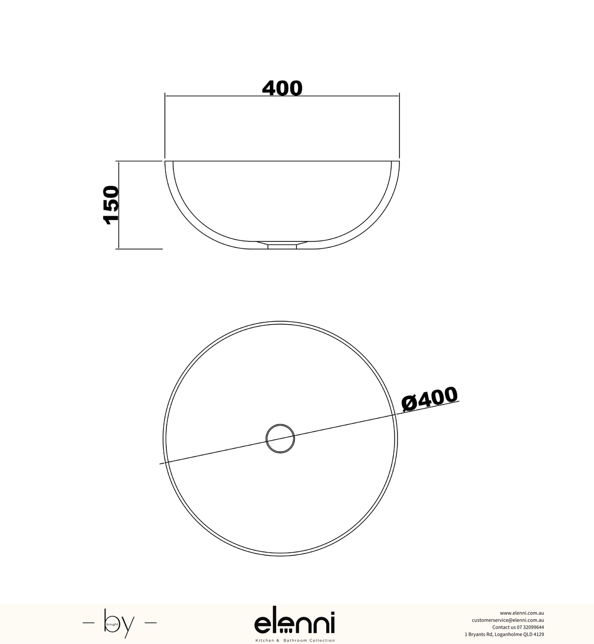 London Solid Surface 400x400x150 Matte White Basin NF - Elenni specification drawing
