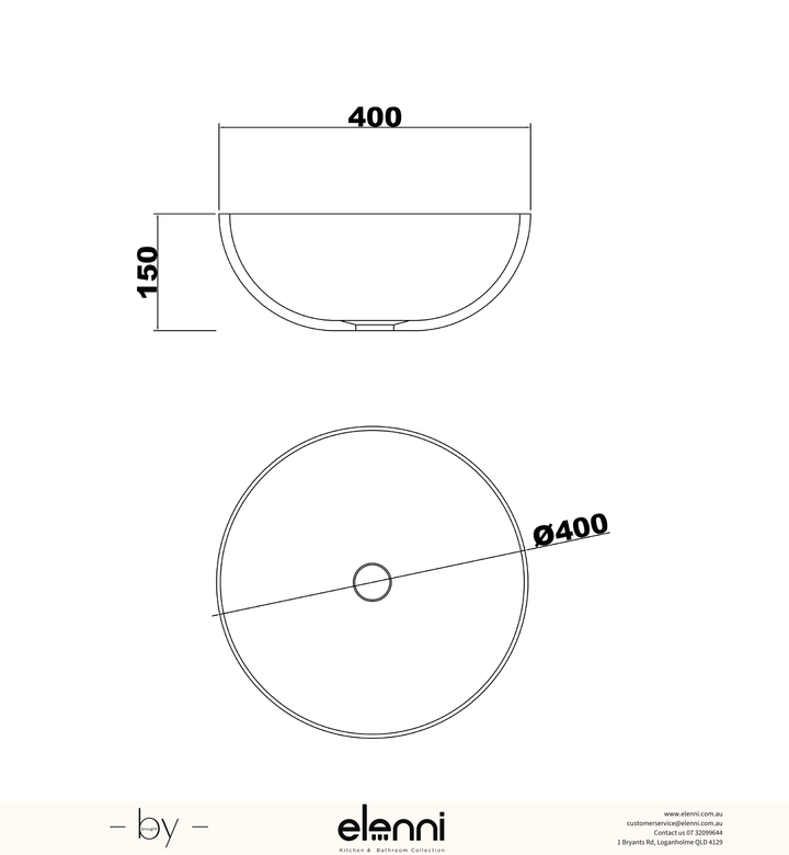 London Solid Surface 400x400x150 Matte White Basin NF - Elenni specification drawing