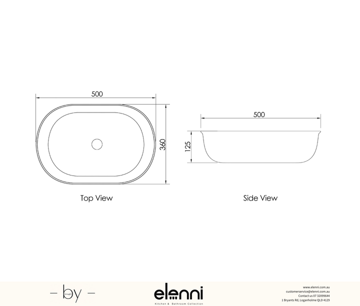 Bronte Oval 500x350x130 Matte White Basin - Elenni specification drawing