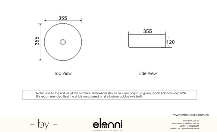 Elenni specification drawing — Artis 88 355x355x120 Matte White with Straight Edge Basin