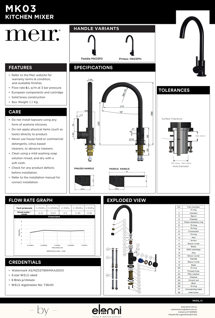 Round Gooseneck Kitchen Mixer Tap with Pinless Handle - Elenni specification drawing
