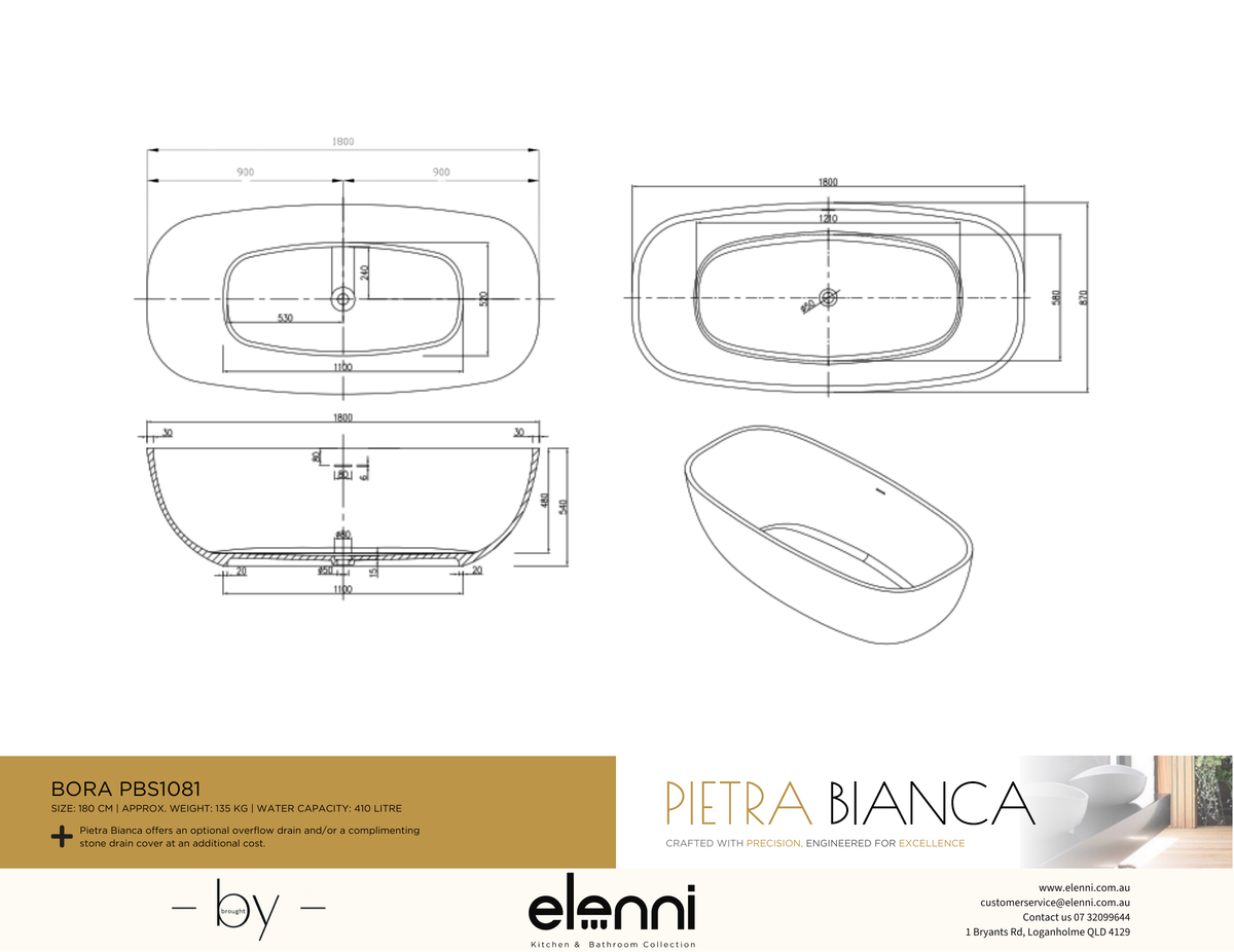 Bora 1800mm Freestanding Bath - Elenni specification drawing