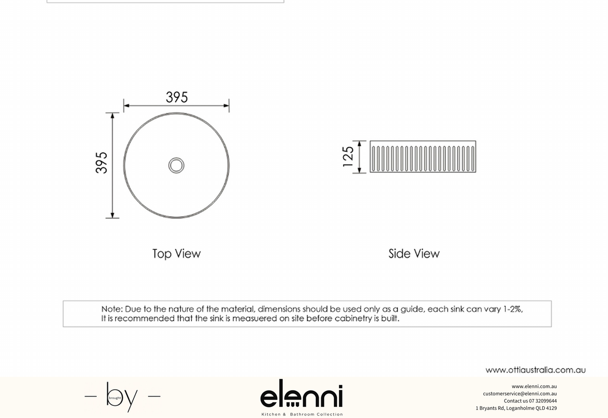 Elenni specification drawing — Oxford Round 395x395x120 Matte White Basin