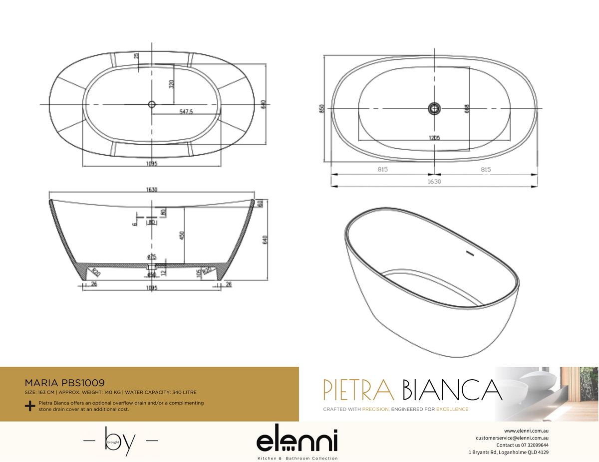 Maria 1630mm Freestanding Bath - Elenni specification drawing