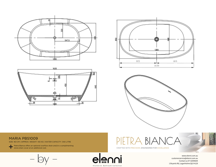 Maria 1630mm Freestanding Bath - Elenni specification drawing