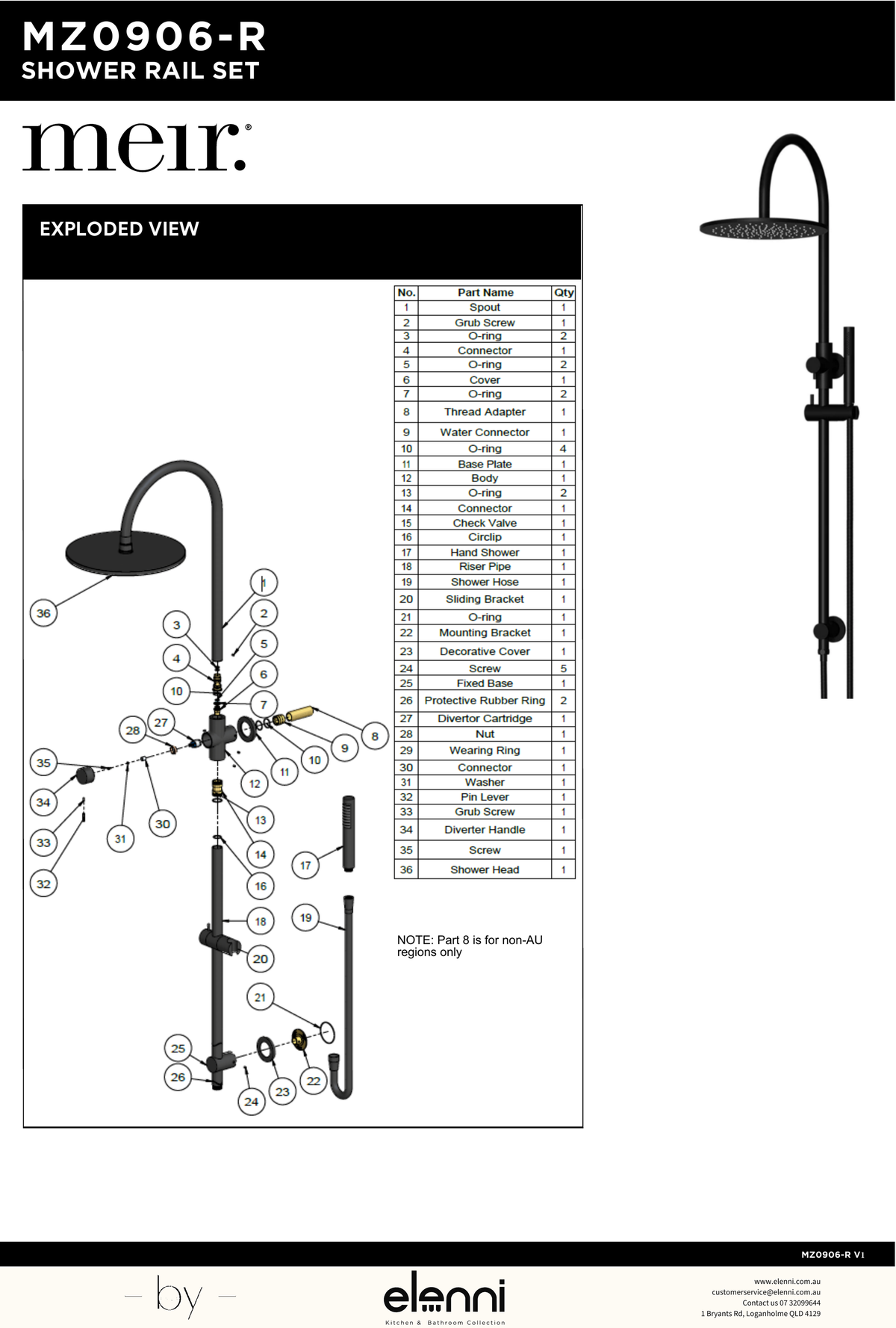 Round Gooseneck Shower Set with 300mm rose, Single-Function Hand Shower - Elenni specification drawing