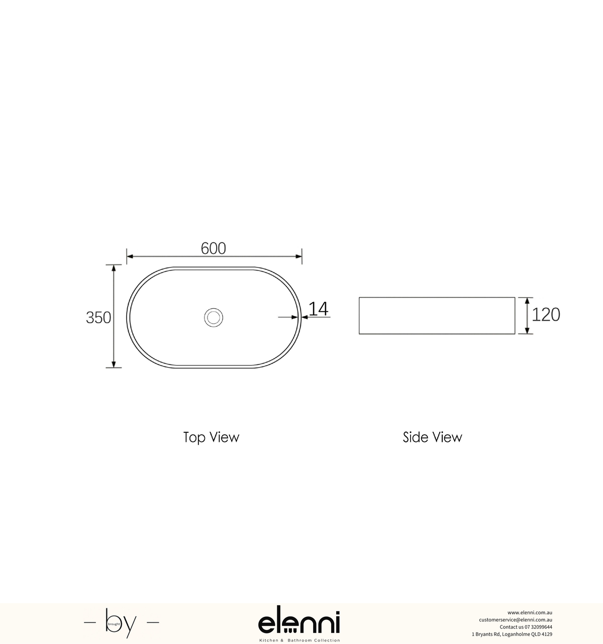 Clayton Oval 600x350x120 Concrete Linen Basin - Elenni specification drawing