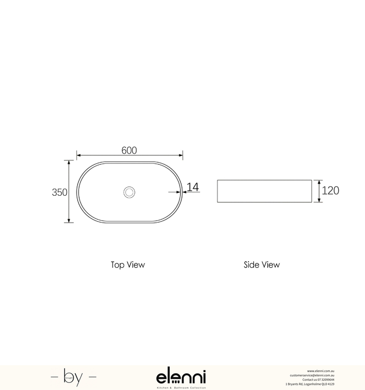 Clayton Oval 600x350x120 Concrete Linen Basin - Elenni specification drawing