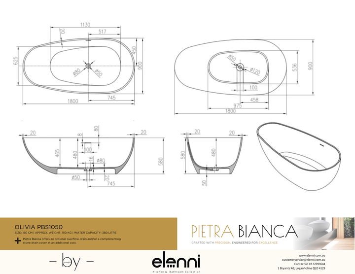 Olivia 1800mm Freestanding Bath - Elenni specification drawing