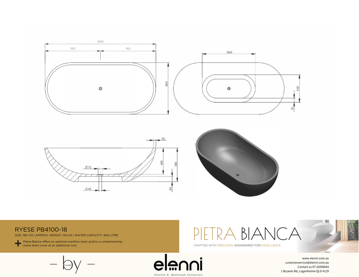 Ryese 1800mm Freestanding Bath - Elenni specification drawing