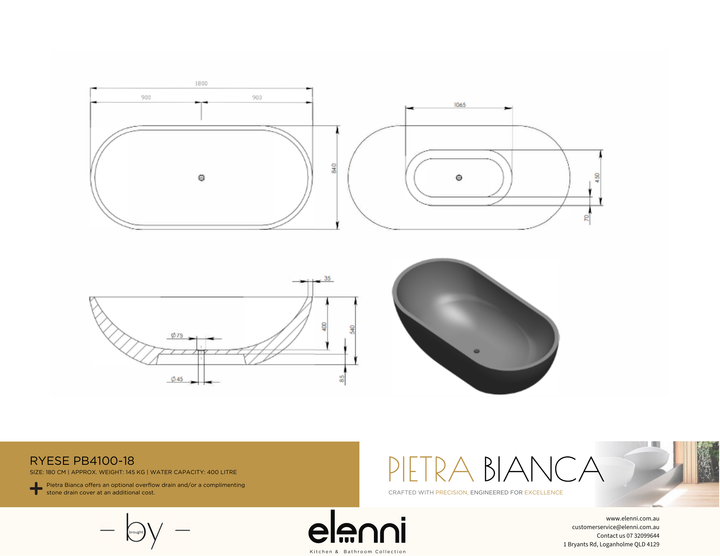 Ryese 1800mm Freestanding Bath - Elenni specification drawing