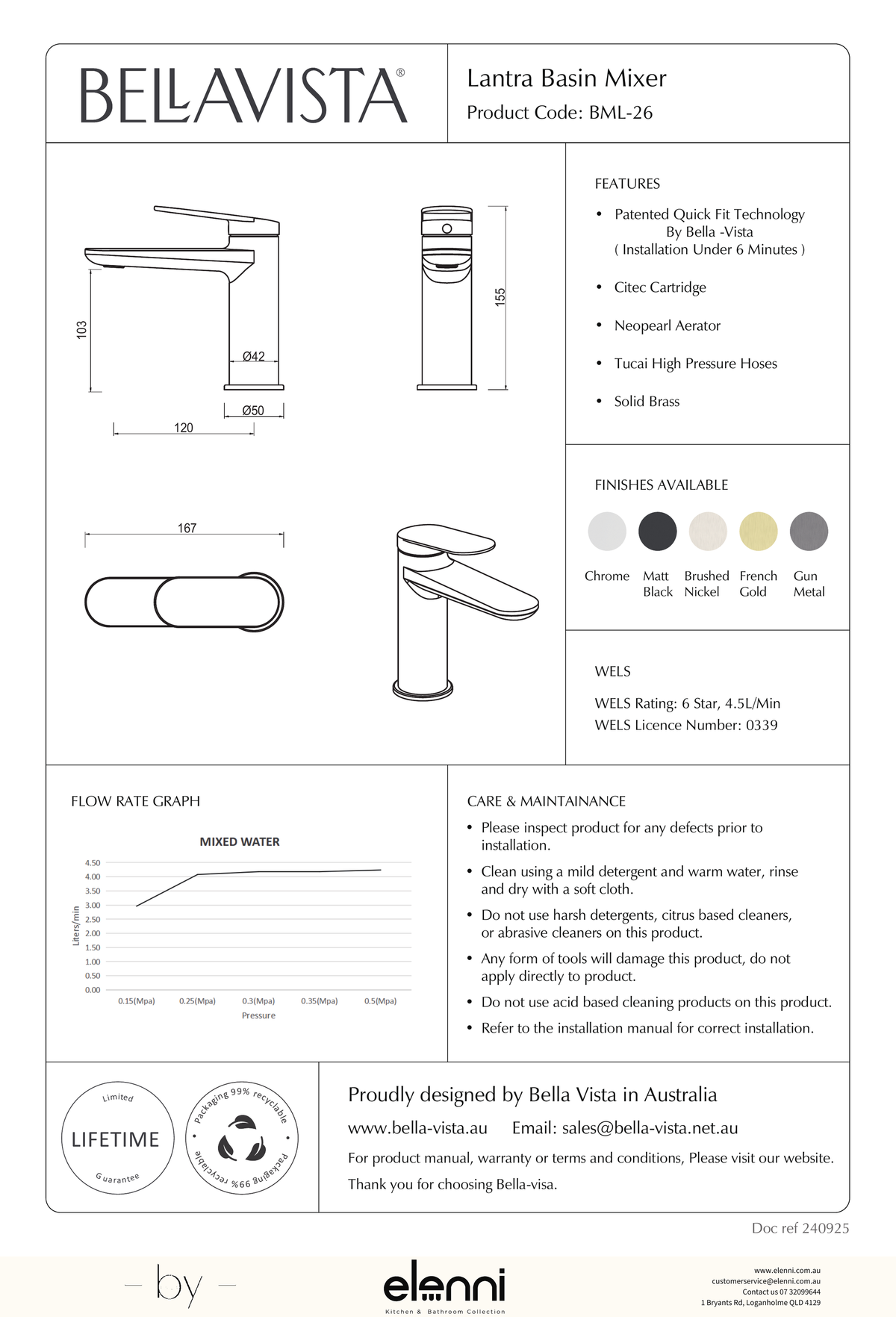 Bella Vista Lantra Basin Mixer - Elenni specification drawing