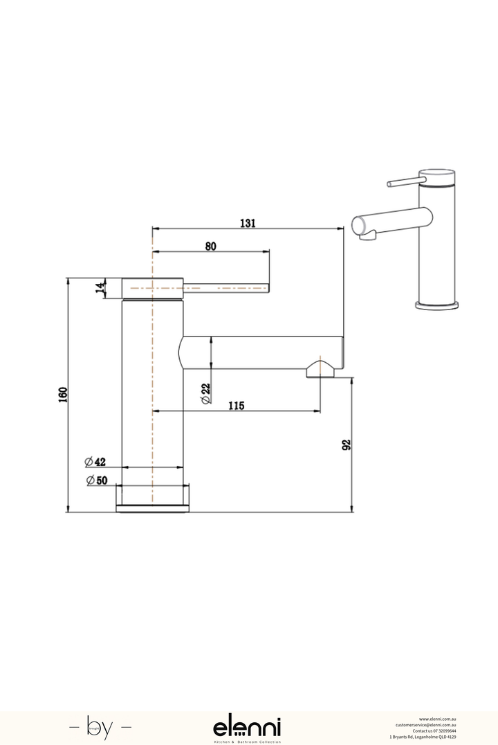 Elenni specification drawing — Mica Straight Basin Mixer