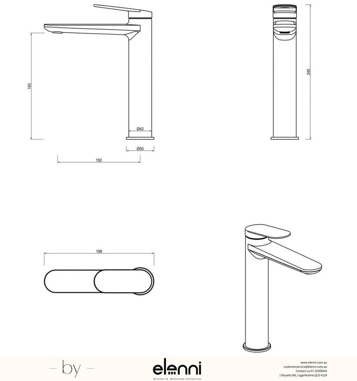 Bella Vista Lantra Tall Basin Mixer - Elenni specification sheet