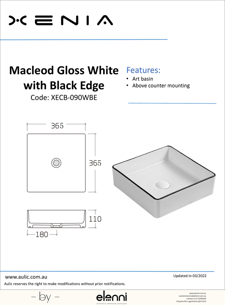 Macleod Gloss White Basin - Elenni specification drawing