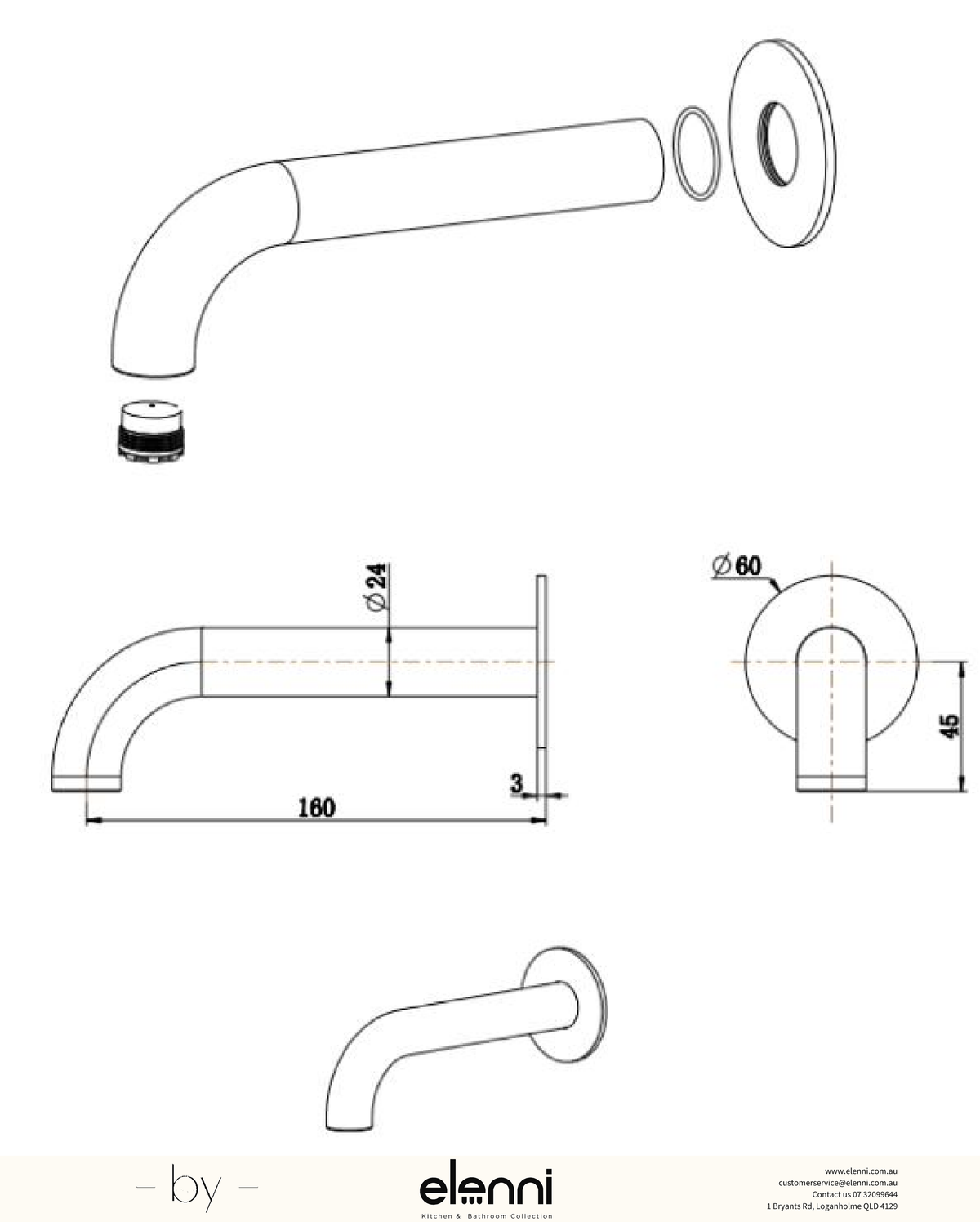 Mica Bath Spouts - 160/220/250mm - Elenni specification drawing