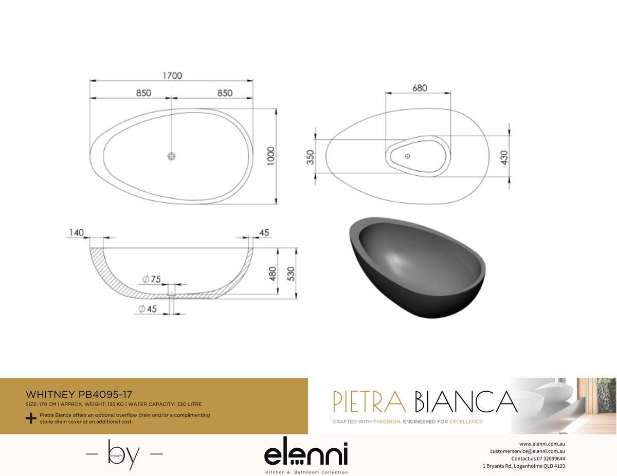 Whitney 1700mm Freestanding Bath - Elenni specification drawing