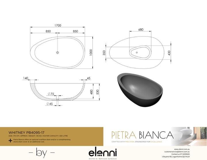 Whitney 1700mm Freestanding Bath - Elenni specification drawing