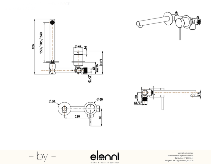 Elenni specification drawing — Mica Wall Basin/Bath Mixer - Straight Spout - 2P - TRIM KIT ONLY