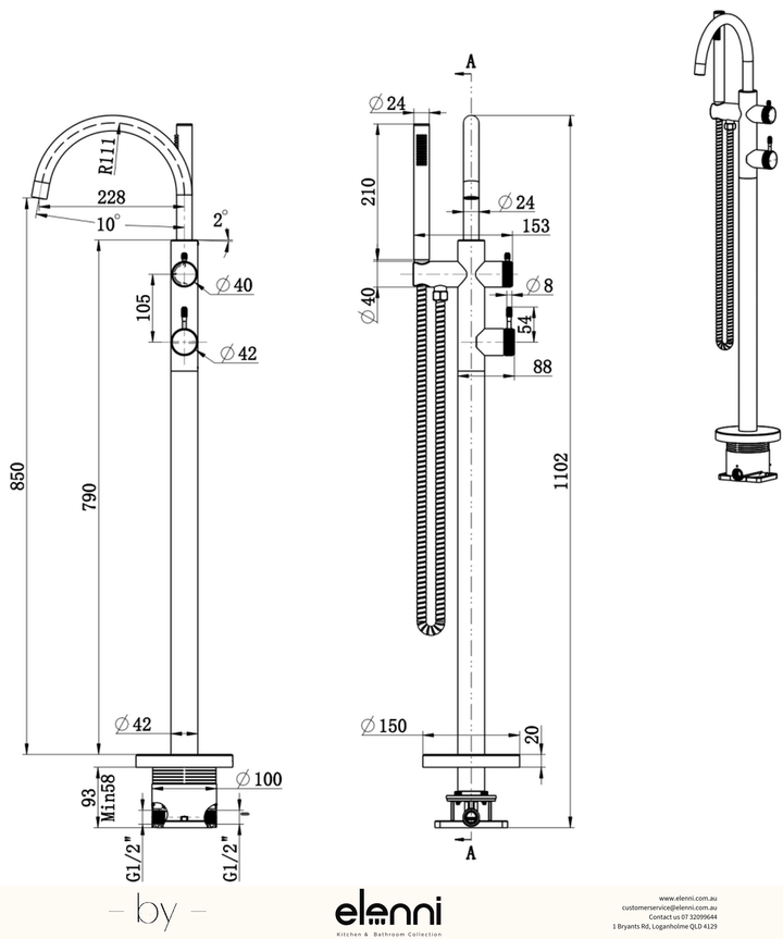 Mica Fluted Freestanding Bath Mixer with Hand Shower - Elenni specification drawing