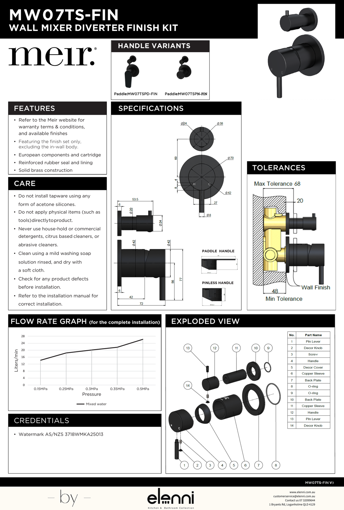 Round Diverter Mixer Paddle Handle Trim Kit (In-wall Body Not Included) - Elenni specification drawing