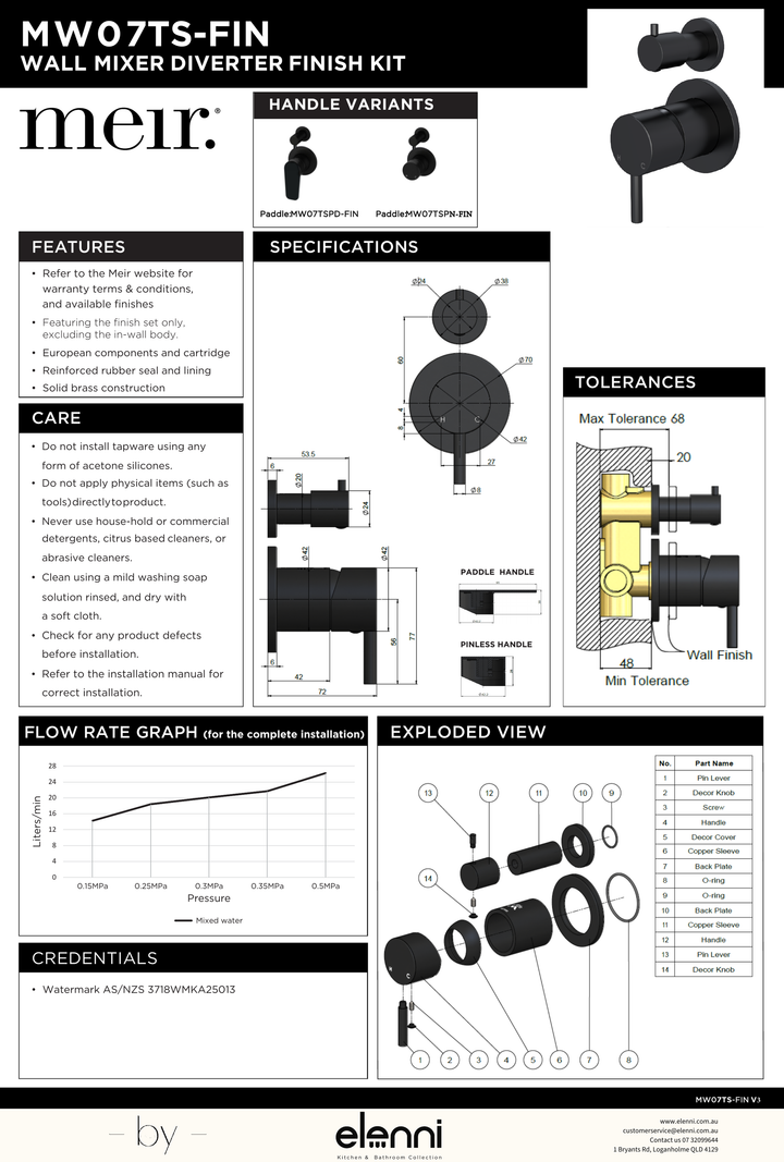 Round Diverter Mixer Paddle Handle Trim Kit (In-wall Body Not Included) - Elenni specification drawing
