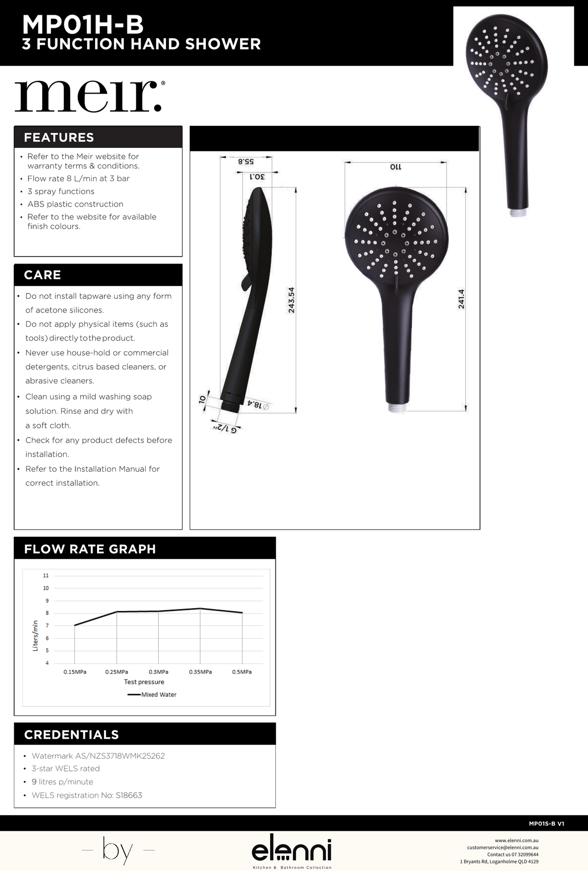 Round Hand Shower Three-Function - Elenni specification drawing