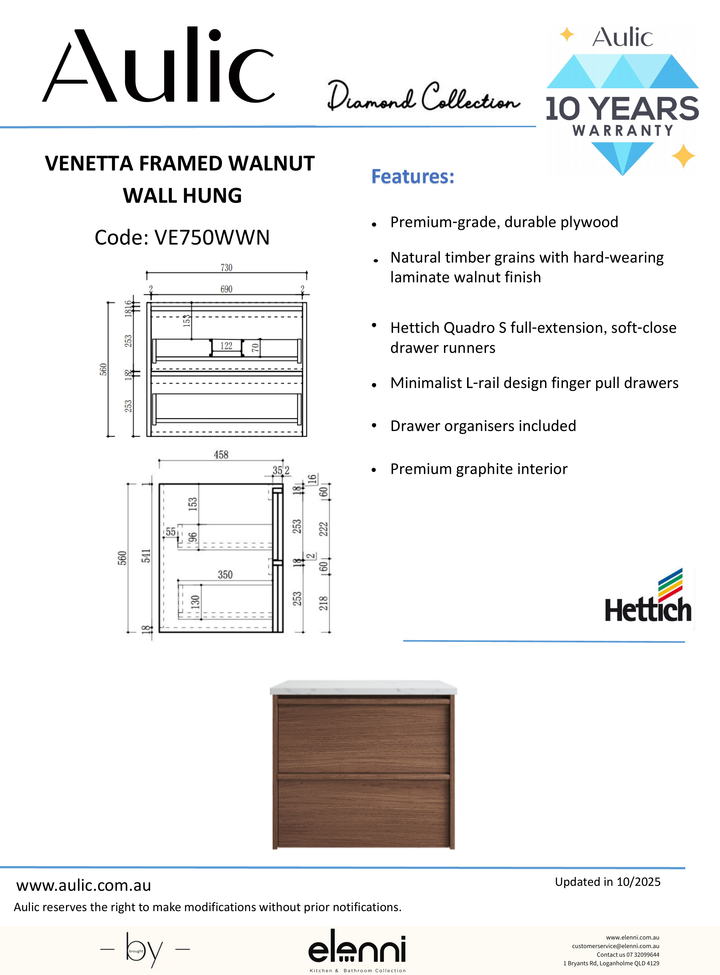 Venetta Framed Wall Hung Walnut 750mm - Elenni specification drawing