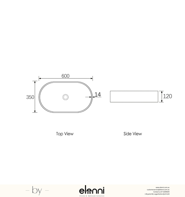 Clayton Oval 600x350x120 Concrete Linen Basin - Elenni specification drawing