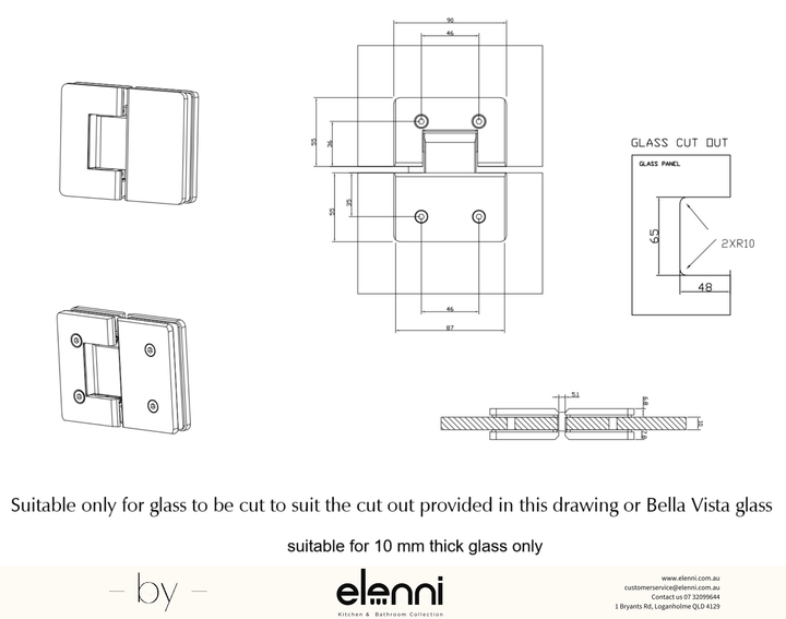 Shower Screen Hinge - Glass To Glass - Elenni specification drawing