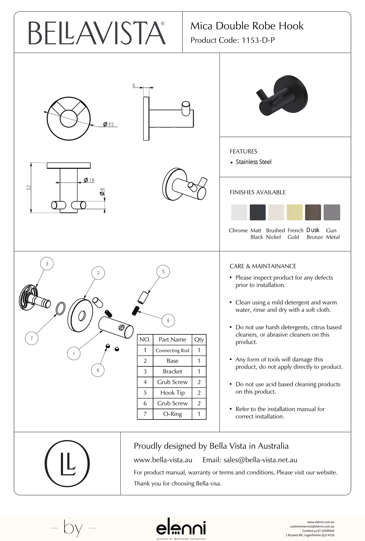 Mica Double Robe Hook - Elenni specification drawing