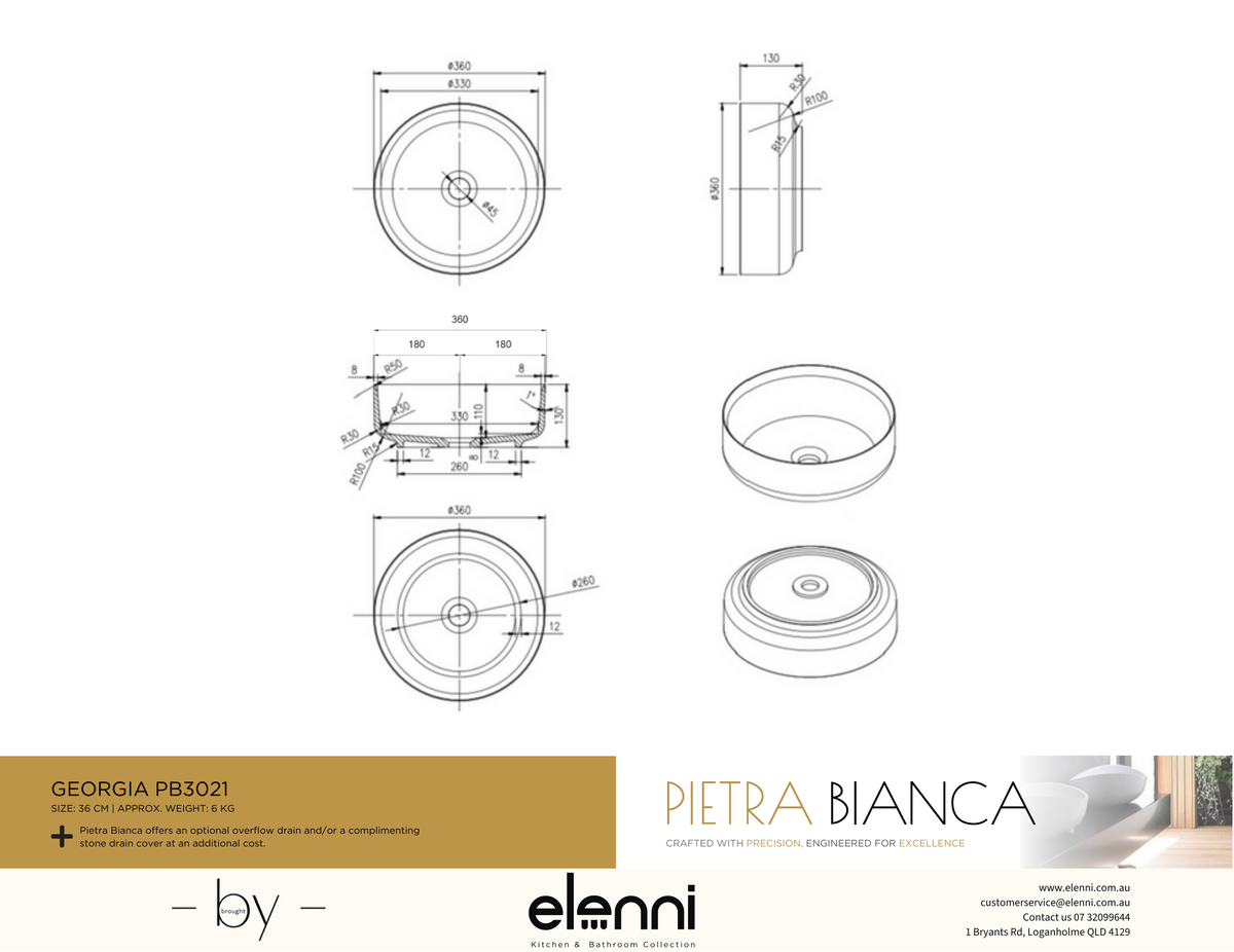 Georgia 360mm Above Counter Basin - Elenni specification drawing