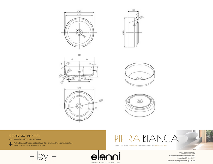Georgia 360mm Above Counter Basin - Elenni specification drawing