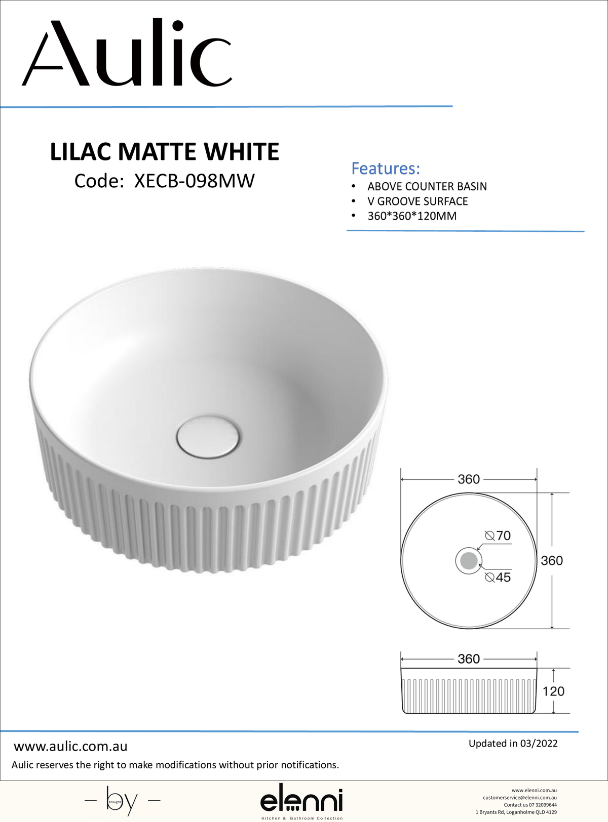 Lilac Matte White Basin - Elenni specification drawing