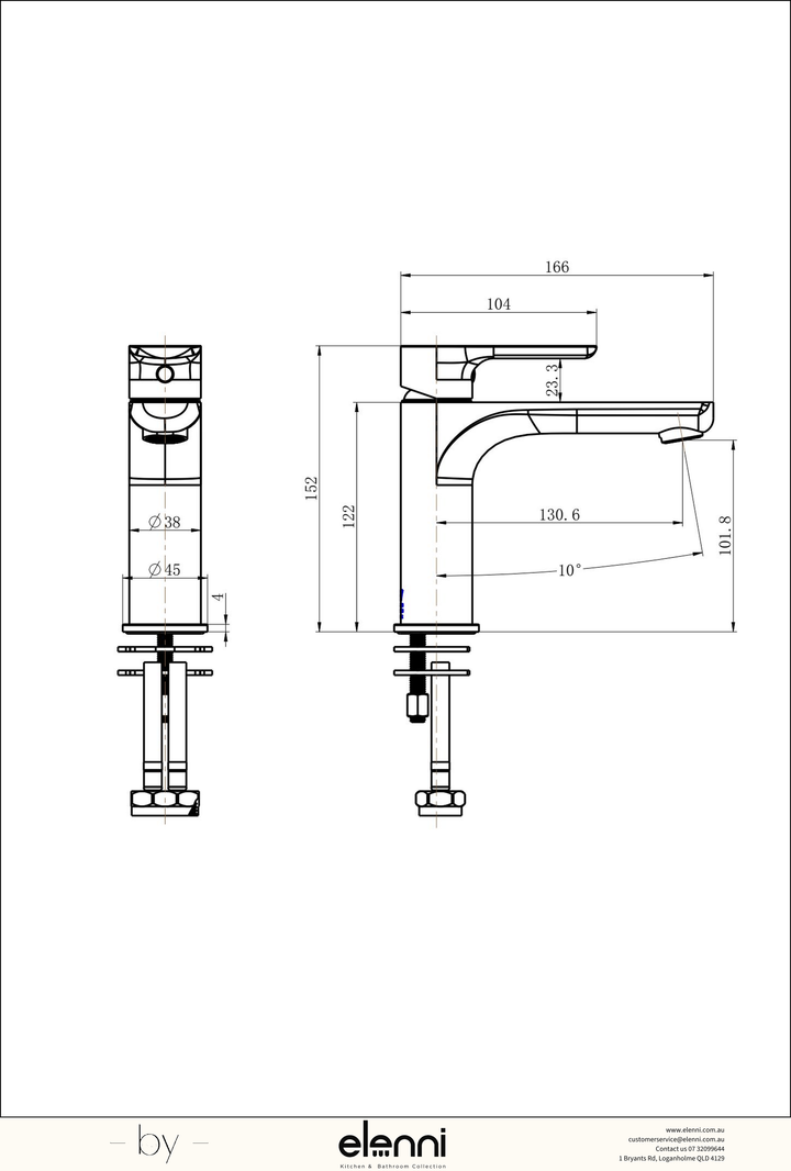 Nova Basin Mixer - Elenni specification drawing