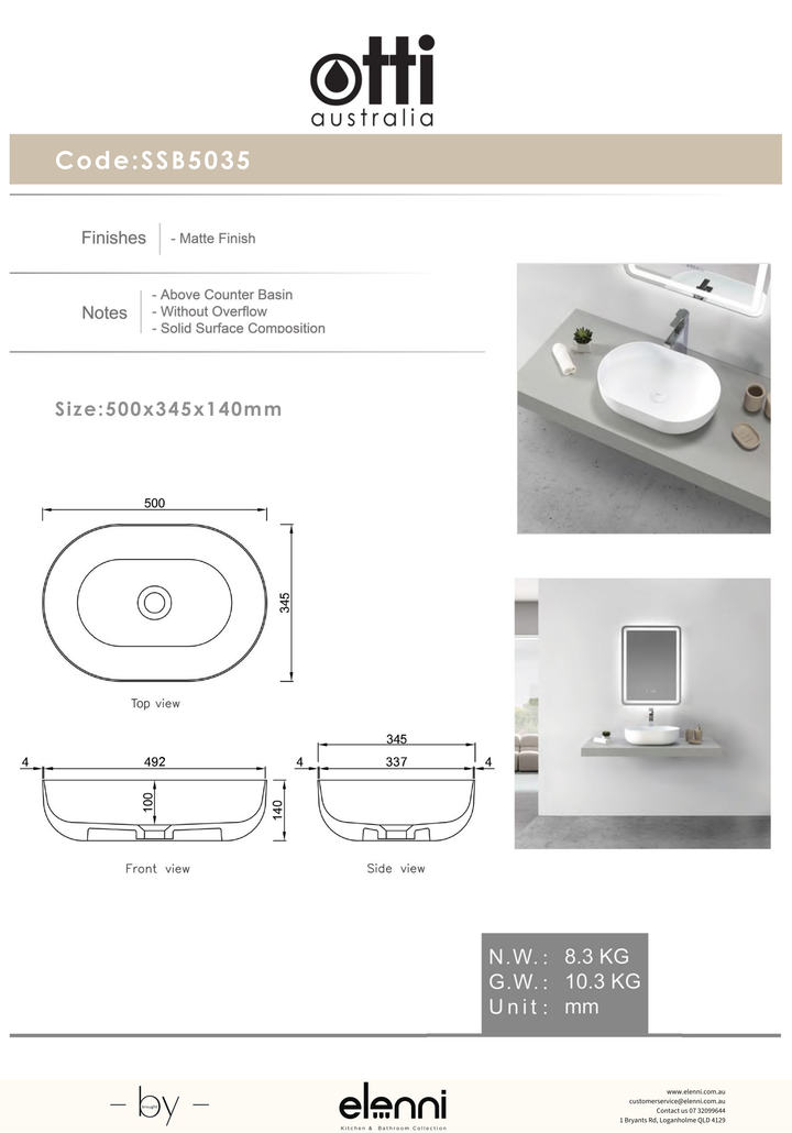 Portofino Solid Surface 500x345x140 Matte White Basin NF - Elenni specification drawing