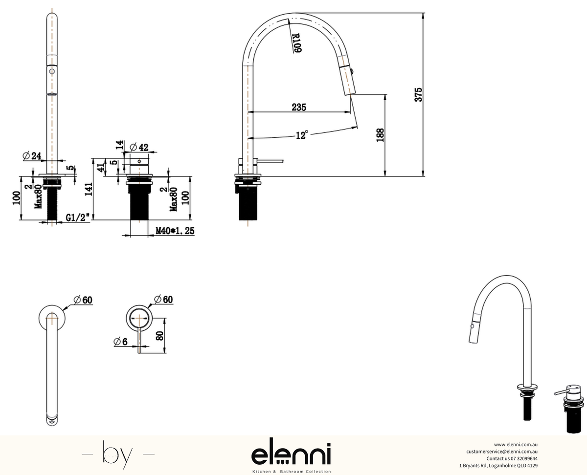 Mica Pull-Out Hob Mixer Set - Elenni specification drawing
