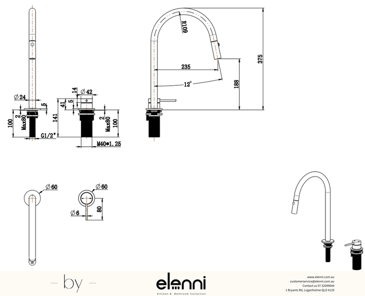 Mica Pull-Out Hob Mixer Set - Elenni specification drawing