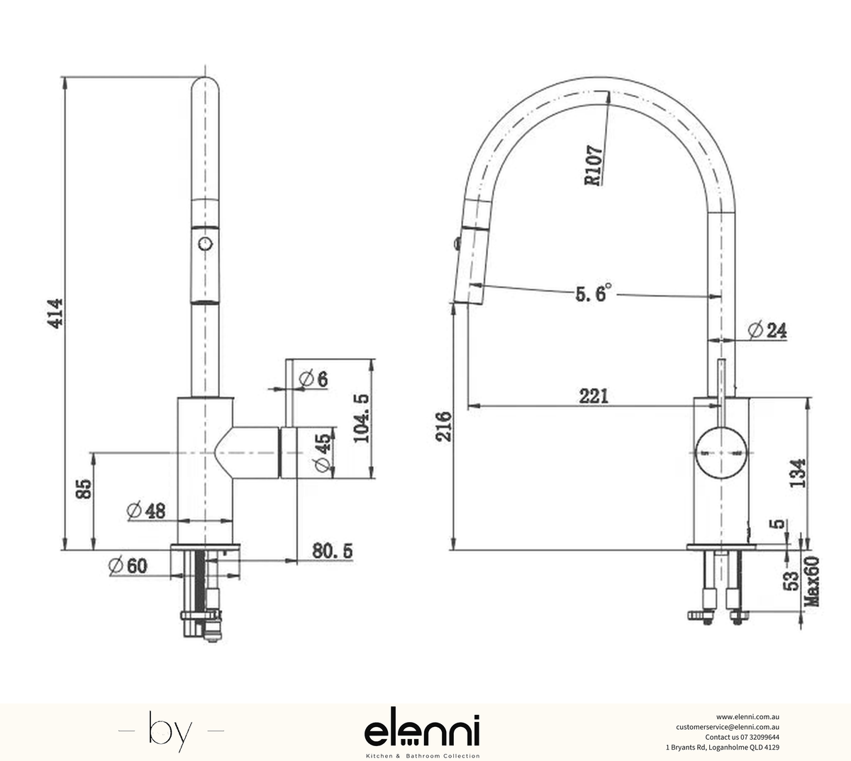 Mica Fluted Pull-Out Sink Mixer - Elenni specification drawing