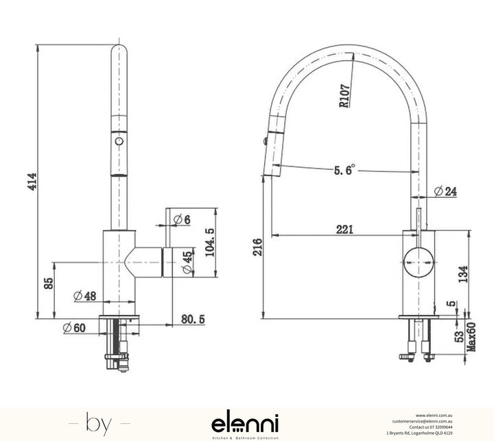 Mica Fluted Pull-Out Sink Mixer - Elenni specification drawing