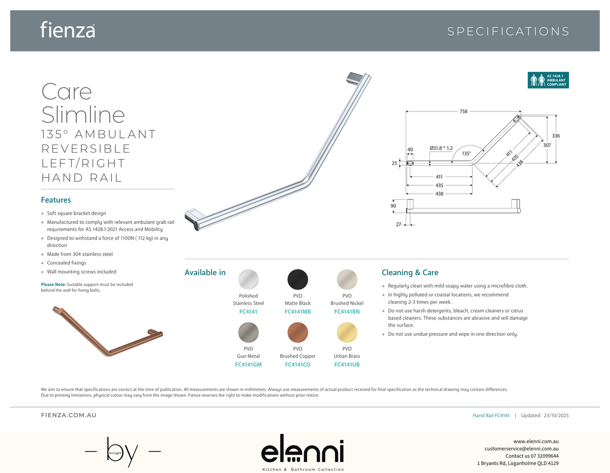 135 Degree Care Slimline Ambulant Care Reversible Left/Right Hand Grab Rail - Spec sheet