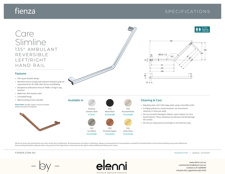 135 Degree Care Slimline Ambulant Care Reversible Left/Right Hand Grab Rail - Spec sheet