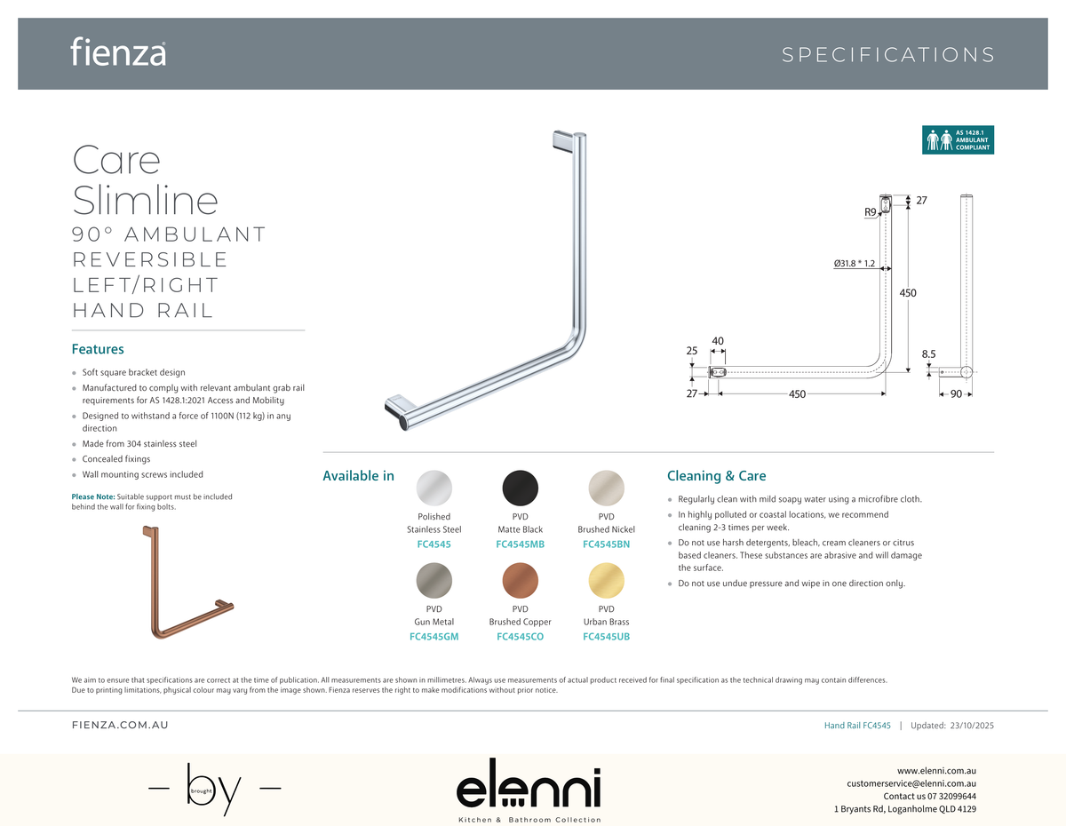 90 Degree Care Slimline Ambulant Care Hand Grab Rail - Spec sheet