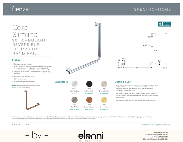 90 Degree Care Slimline Ambulant Care Hand Grab Rail - Spec sheet