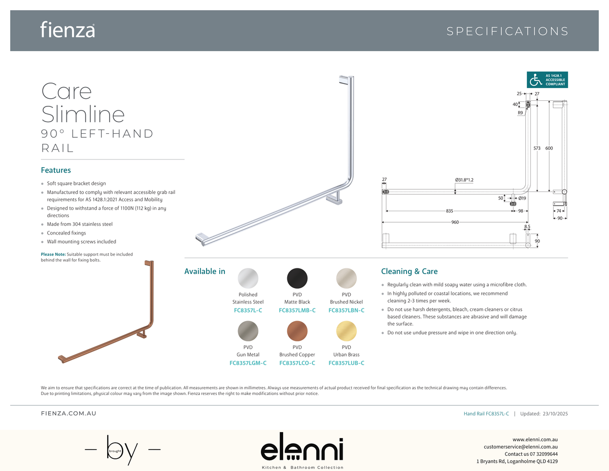 90 Degree Care Slimline Left-Hand Grab Rail - Spec sheet