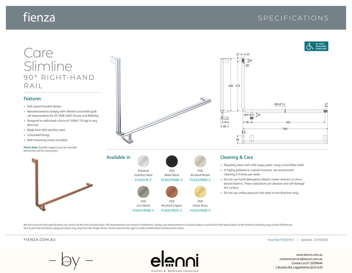 90 Degree Care Slimline Right-Hand Grab Rail - Spec sheet