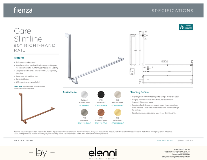 90 Degree Care Slimline Right-Hand Grab Rail - Spec sheet